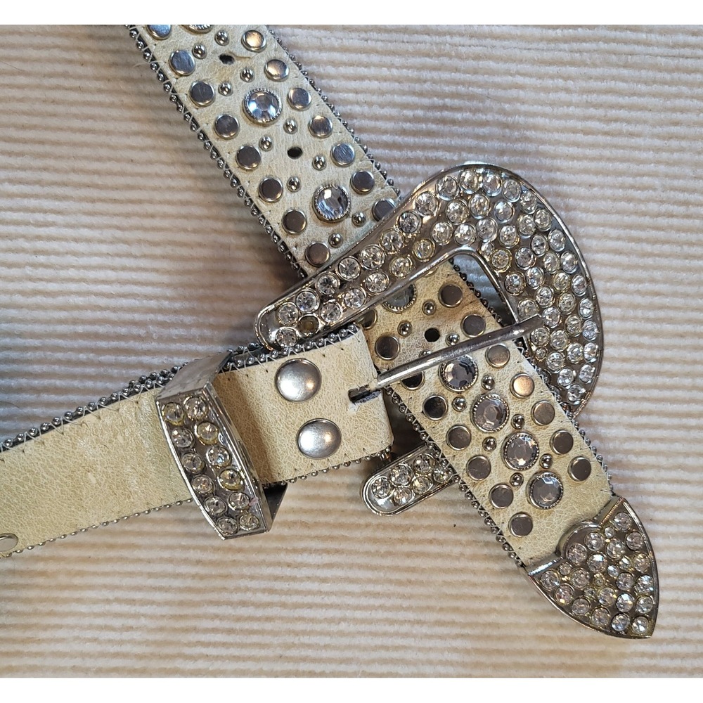 Western Belt for women white studded Leather XL Big Buckle beaded 46in long